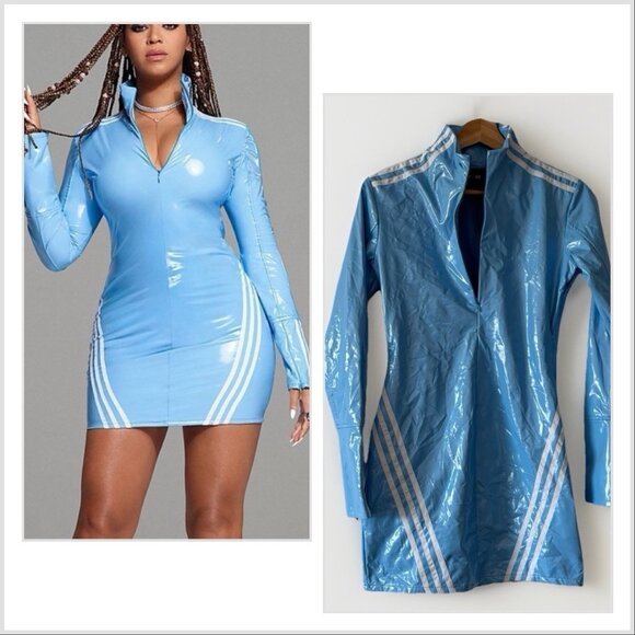 Adidas X Ivy Park Latex Light Blue Zip Front Long Sleeve Beyonce Dress Sz Small - Picture 1 of 16
